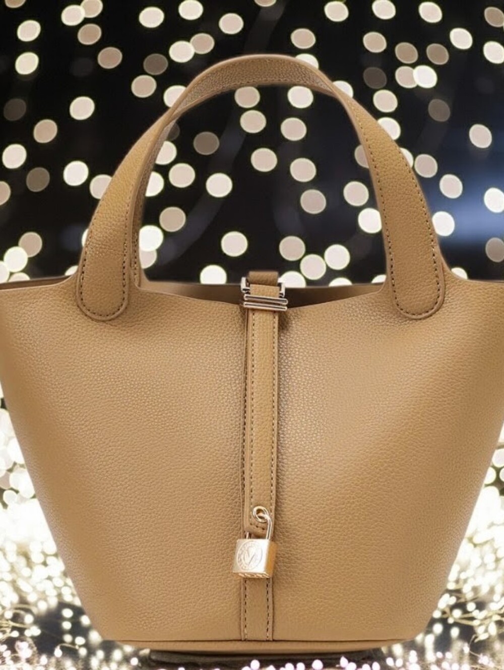 Valentino Orlandi Tan Pebbled Tote with Gold Lock Bucket Milano